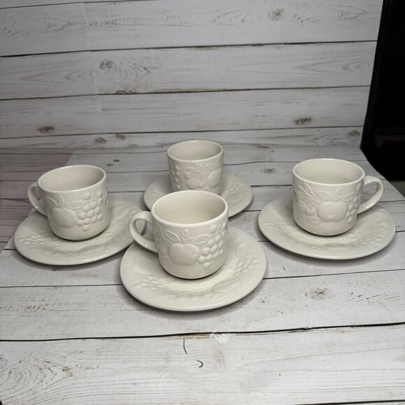 Gibson Fruit Embossed Coffee Cups & Saucers Set of 4 White Stoneware Tea - Picture 1 of 15